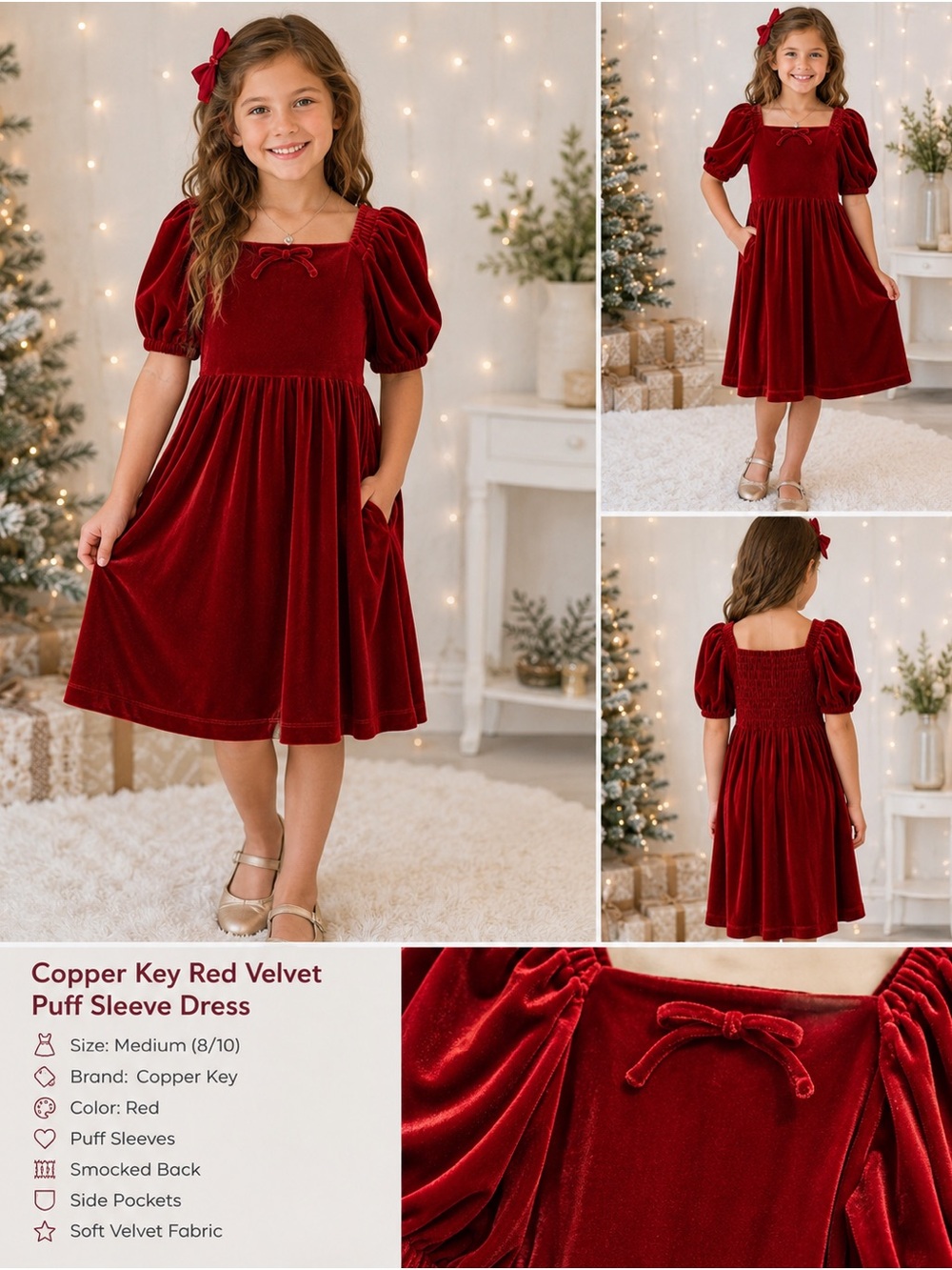 Copper Key Deep Red Velvet Puff-Sleeve Dress